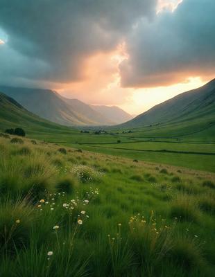The primary subject of the image is a lush green field with yellow flowers scattered throughout. The field is situated in a valley, surrounded by mountains. The visual style of the image is a photo, capturing the beauty of the natural landscape. The dominant colors are green and yellow, creating a serene and peaceful atmosphere.